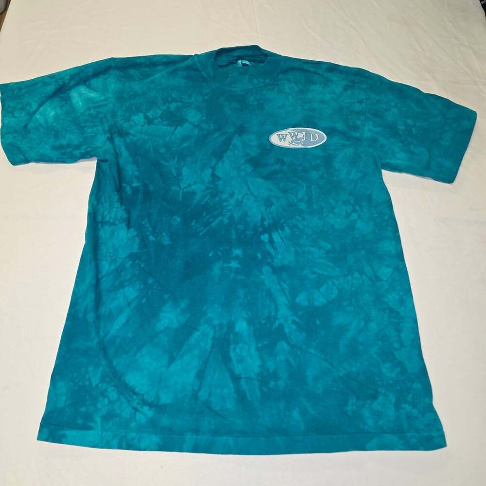 Vintage 90s WWJD Christian Tie Dye T-Shirt Teal Blue Fish Logo Single Stitch